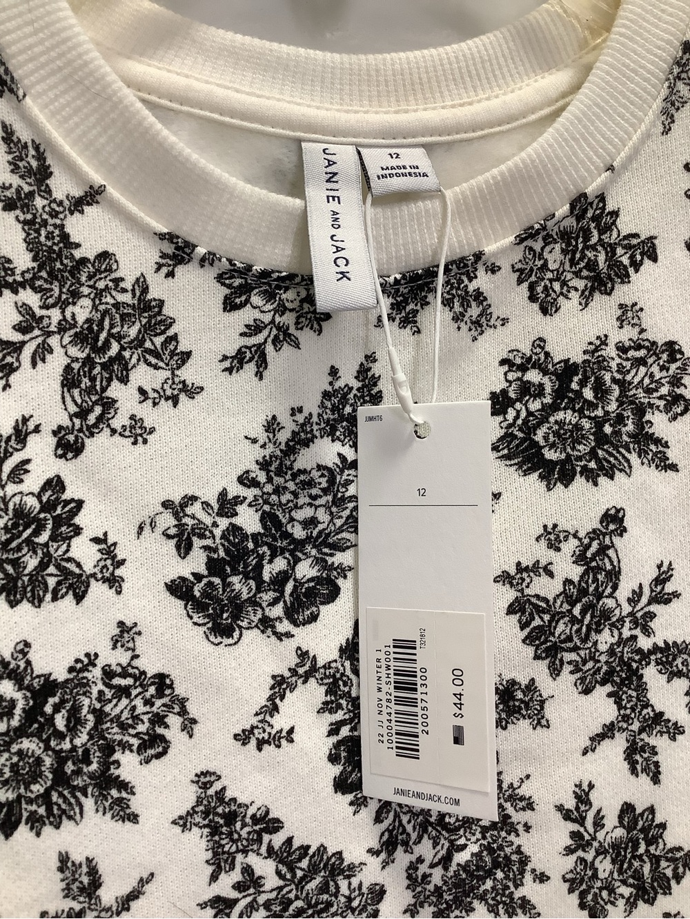 NWT Janie and Jack Black & White Toile Puff Sleeve Sweatshirt (Sz 12) - Picture 3 of 7